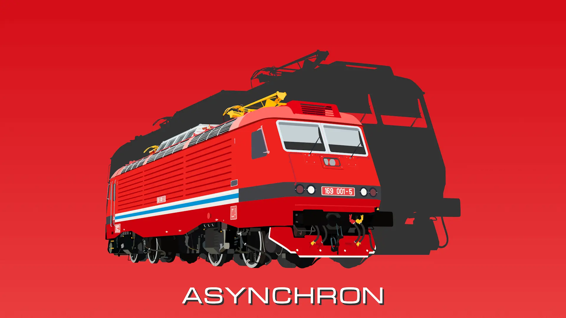 Grafika s červenou elektrickou lokomotivou Asynchron. Červené pozadí, velký šedý stín za lokomotivou.