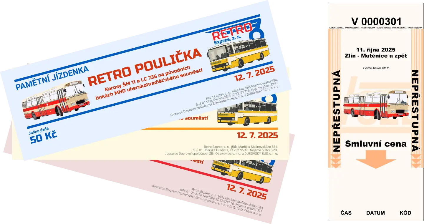 Ukázka vyráběných jízdenek, vpravo městská jízdenka, vlevo design na míru pro zvláštní akci.